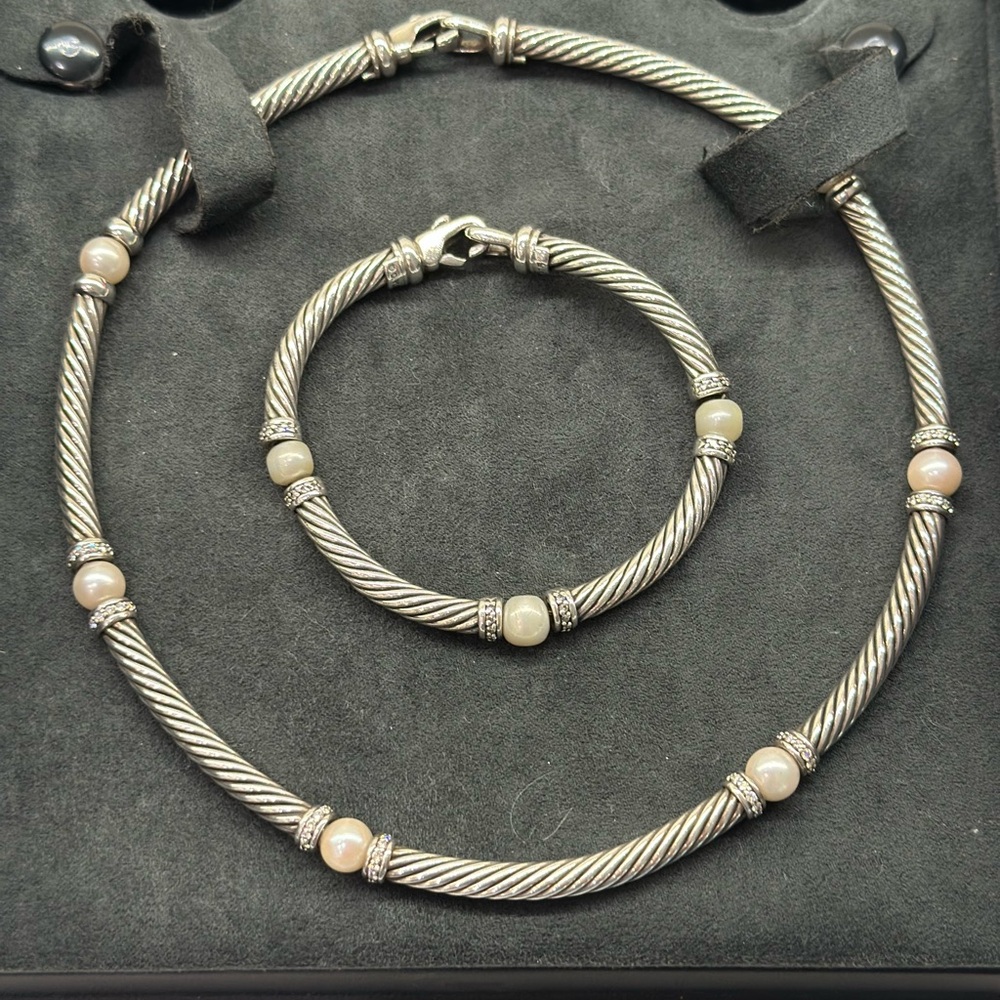 David Yurman Silver Cable Necklace and Bracelet with Ivory Pearls and Diamonds